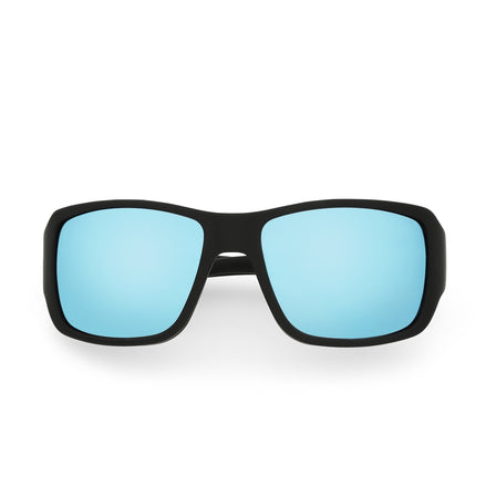 Sunglasses with black frame and blue lenses on a white background
