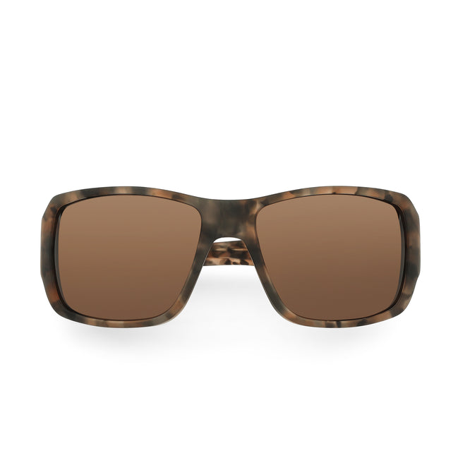 Sunglasses with tortoiseshell frame and brown lenses on a white background