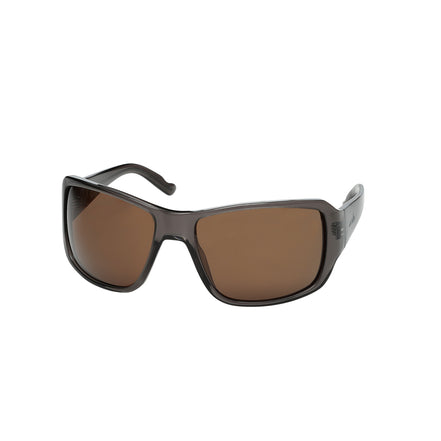Sunglasses with brown lenses and dark frame on a white background
