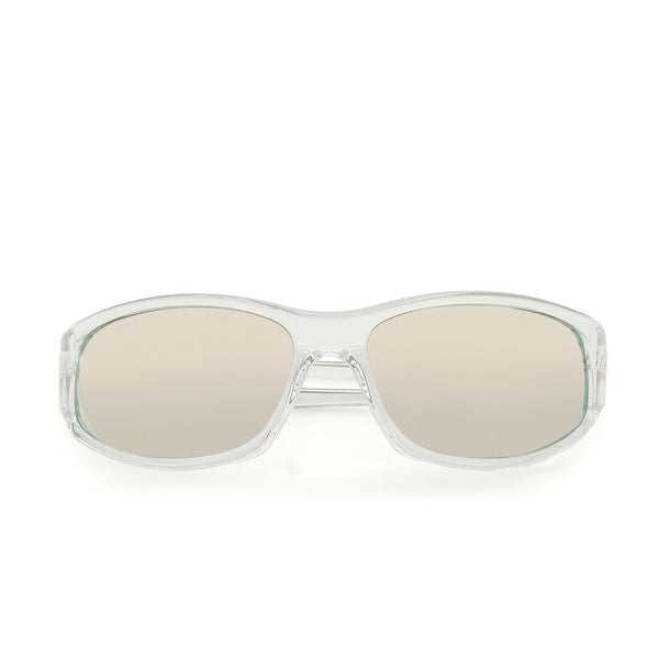 Clear-framed sunglasses with reflective lenses on a white background