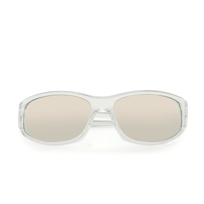Clear-framed sunglasses with reflective lenses on a white background