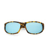 Sunglasses with tortoiseshell frame and blue lenses on a white background