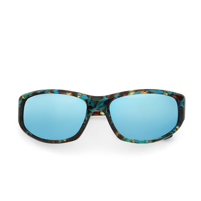 Sunglasses with blue lenses and tortoiseshell frame on a white background